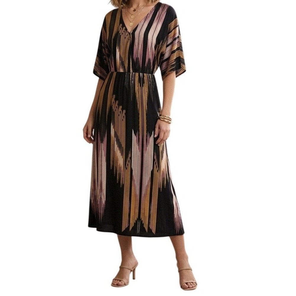 Bohemian Multi Color Geometric Print V-Neck Elastic Cinched Waist Midi Dress XS